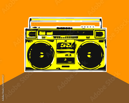 Vector boombox on orange background. Zine style.