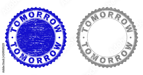 Grunge TOMORROW stamp seals isolated on a white background. Rosette seals with grunge texture in blue and grey colors. Vector rubber stamp imprint of TOMORROW label inside round rosette.