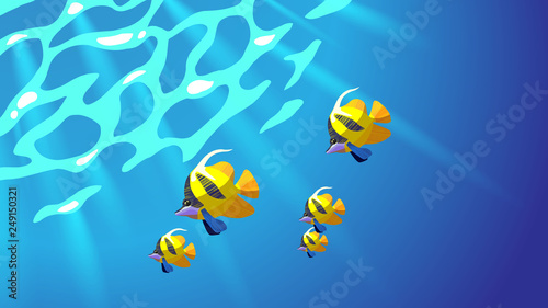 The flock of beauty tropical fish in light coloured water of tropical ocean, diving, plunge