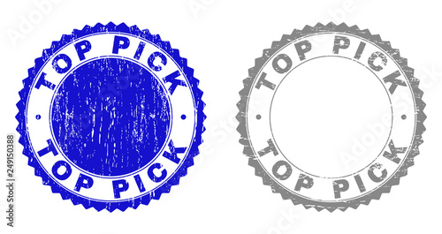 Grunge TOP PICK stamp seals isolated on a white background. Rosette seals with grunge texture in blue and grey colors. Vector rubber stamp imitation of TOP PICK caption inside round rosette.