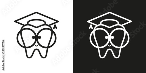 icon tooth with big glasses. Trowel, square academic cap, graduation hat. Vector illustration