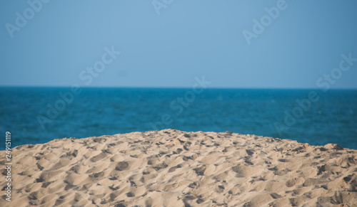 Beach Scene With Sand Blue Water And Blue Sky