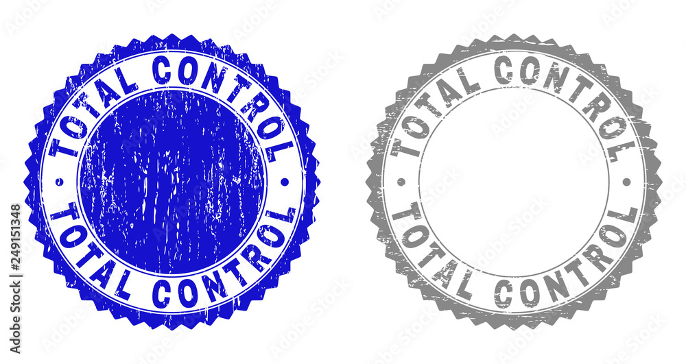 Grunge TOTAL CONTROL stamp seals isolated on a white background. Rosette seals with grunge texture in blue and gray colors. Vector rubber stamp imitation of TOTAL CONTROL title inside round rosette. Grunge TOTAL CONTROL stamp seals isolated on a white background. Rosette seals with grunge texture in blue and gray colors. Vector rubber stamp imitation of TOTAL CONTROL title inside round rosette.