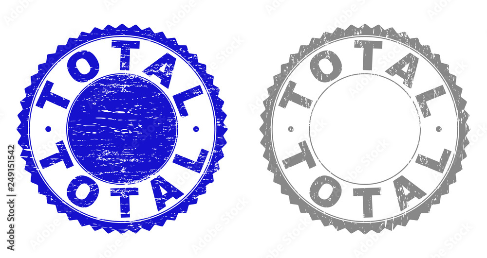 Grunge TOTAL stamp seals isolated on a white background. Rosette seals with grunge texture in blue and grey colors. Vector rubber stamp imitation of TOTAL text inside round rosette. Grunge TOTAL stamp seals isolated on a white background. Rosette seals with grunge texture in blue and grey colors. Vector rubber stamp imitation of TOTAL text inside round rosette.
