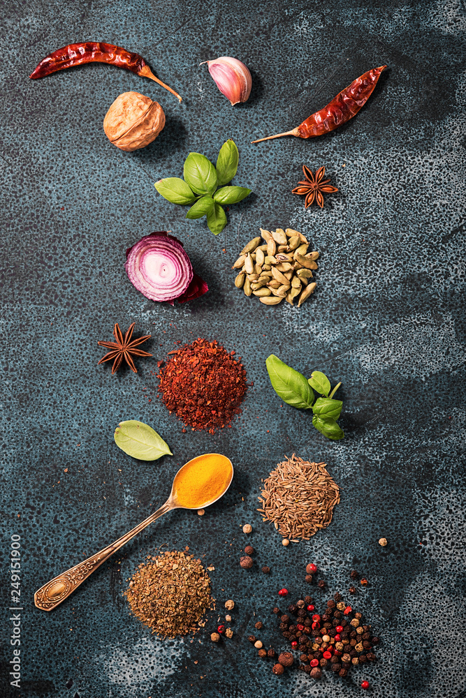 Wooden table of colorful spices.