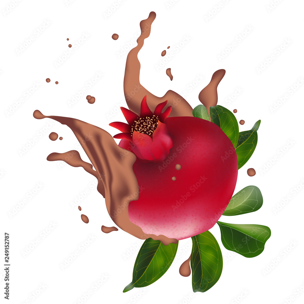 Pomegranate juice ads with cacao splashing. Good for packaging, cosmetics, cocktail, spa, pomegranate chocolate splashing, health care products, perfume.