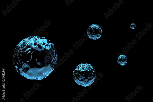 Water has the form of drops without gravity. 3D rendering.