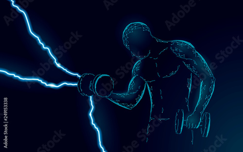 Strong sportsman with weight 3D polygonal abstract concept. Low poly fitness sport powerlifting body shape. Male dumbbell training strength athletic arm. Bodybuilding workout vector illustration