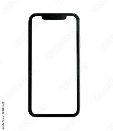 smartphone in iphone style black color with blank touch screen isolated on white background.