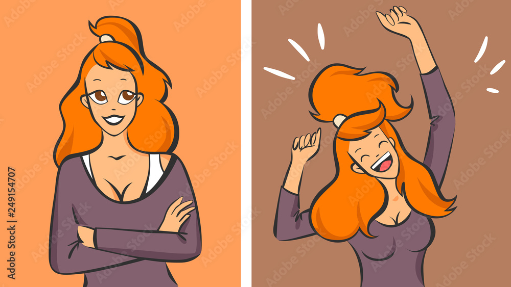 Obraz premium Young redhead woman calm then very happy, vector illustration