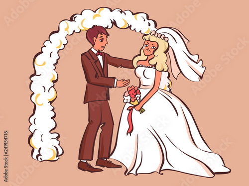 Sad fiancee cry, bridegroom tries to comfort her. Cartoon style vector illustration.