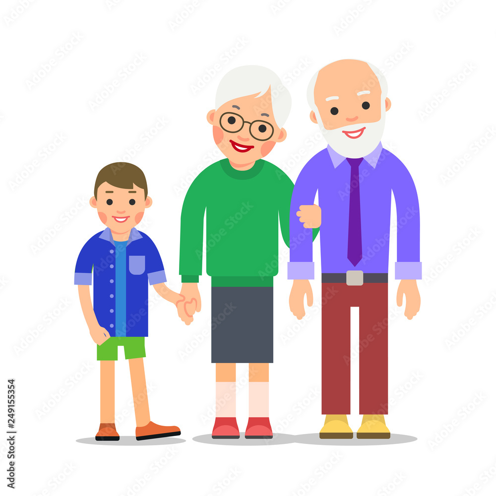 Grandparents and grandchildren. Grandma, grandpa and grandson. Grandmother holding boy hand and holds grandfather hand. Illustration of people characters isolated on white background in flat style