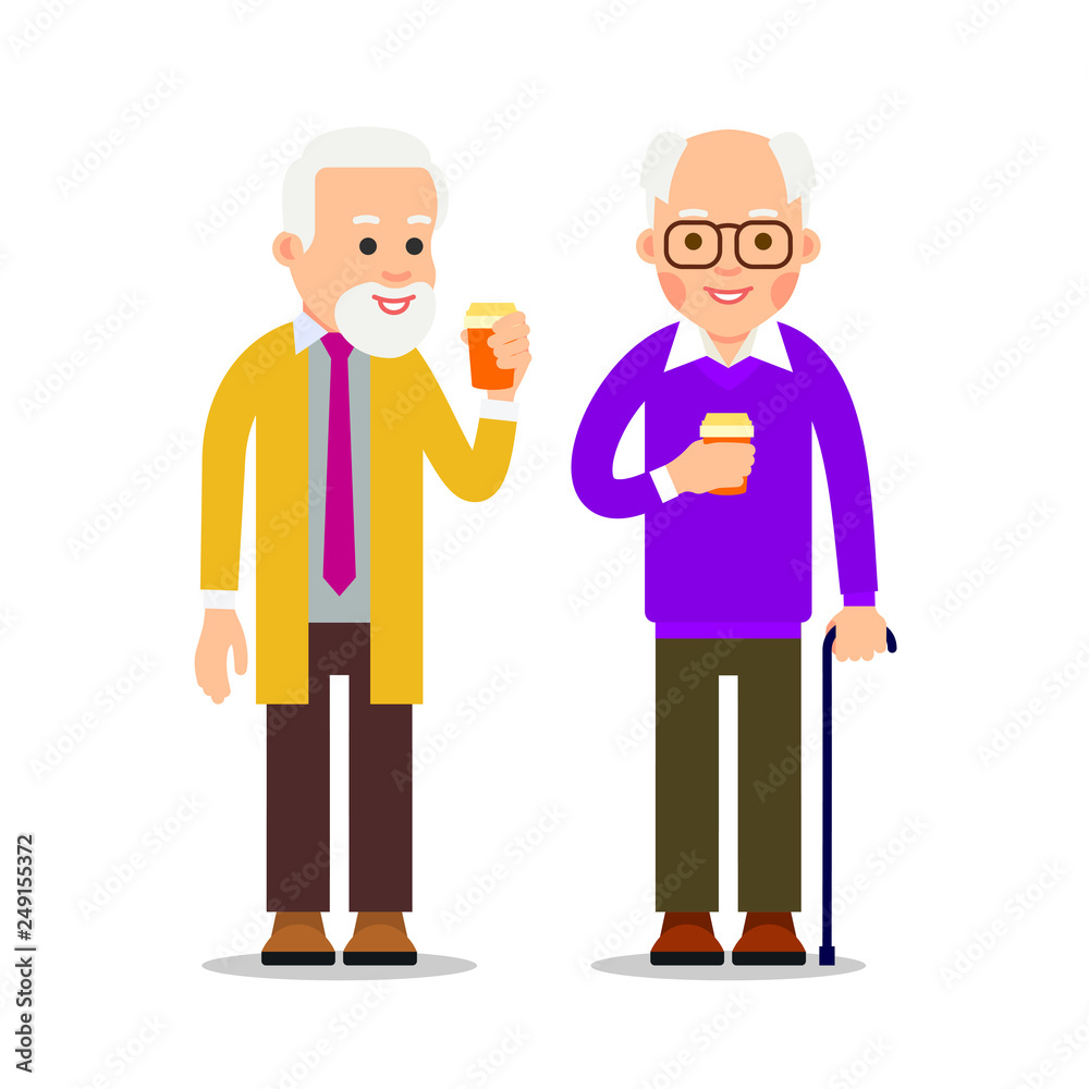 Two senior men with canes stand and drink coffee. Pensioners relax with help of hot drinks. Businessmans with cup of coffee during break. Illustration of people characters isolated in flat style Two senior men with canes stand and drink coffee. Pensioners relax with help of hot drinks. Businessmans with cup of coffee during break. Illustration of people characters isolated in flat style