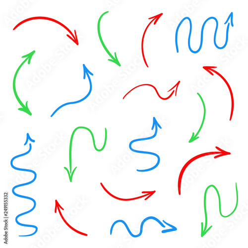 Hand drawn colored arrows on white. Abstract pointers. Line art creative. Set of different signs. Colorful illustration. Doodles for artwork