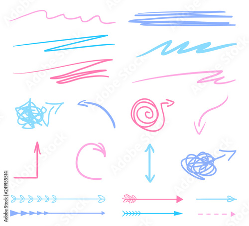 Hand drawn colored arrows on white. Abstract underlines and pointers. Line art creative. Set of different signs. Colorful illustration. Doodles for artwork