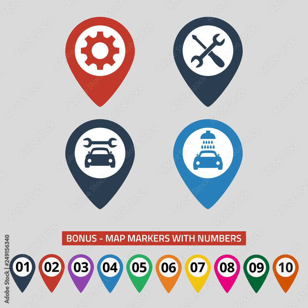 Map pointers with car service icons on grey background.