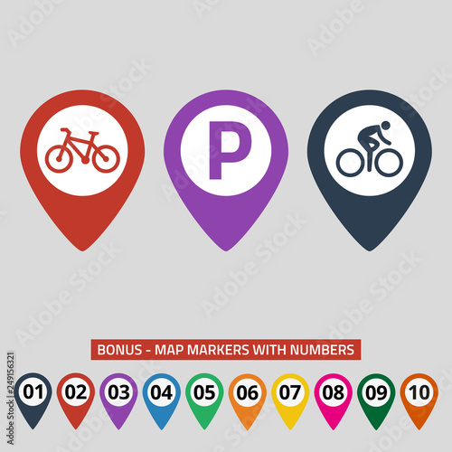 Map pointers with bicycle and parking icon.