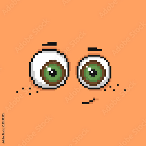 Cartoon cute monster face. Smiling orange monster character in pixel style.