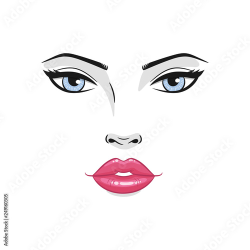 Beautiful young woman face with red lips and blue eyes. Fashion model face close up, vector illustration.