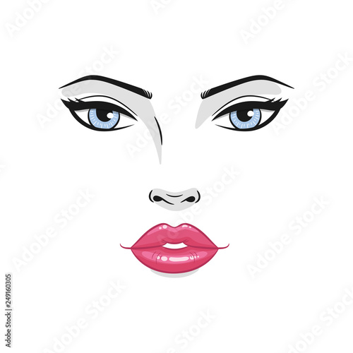 Beautiful young woman face with red lips and blue eyes. Fashion model  face close up, vector illustration.