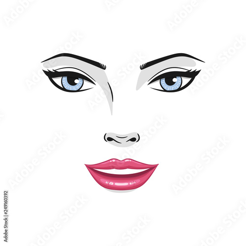 Beautiful young woman smiling face with red lips and blue eyes. Fashion model smiling face close up, vector illustration.