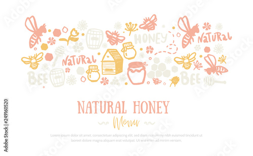 Modern honey banner .Grunge yellow advertising with two sides pattern. Organic design template