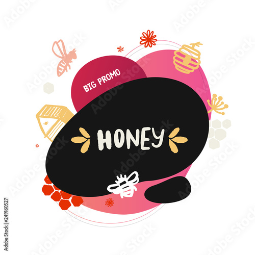 Modern honey banner with abstract shapes. Organic design template promotion wth bees. Food background, label vector. © alenast