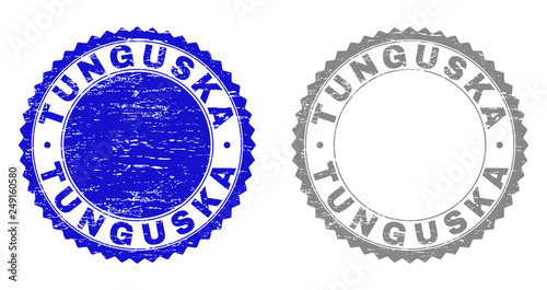 Grunge TUNGUSKA stamps isolated on a white background. Rosette seals with grunge texture in blue and grey colors. Vector rubber stamp imprint of TUNGUSKA title inside round rosette.