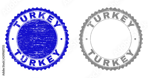 Grunge TURKEY stamp seals isolated on a white background. Rosette seals with grunge texture in blue and gray colors. Vector rubber stamp imitation of TURKEY text inside round rosette.