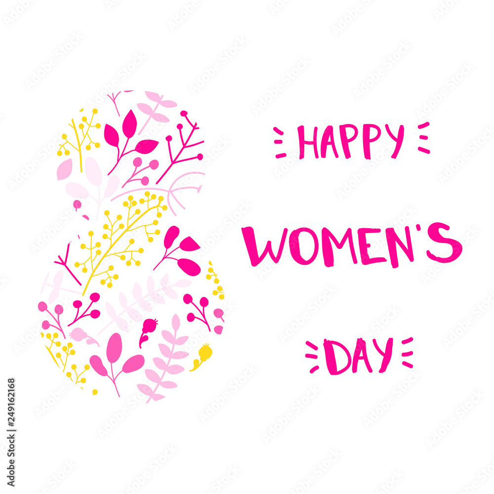 Hand-drawn card for the eighth of March. Congratulations on the international women's day.