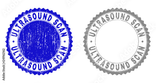 Grunge ULTRASOUND SCAN stamp seals isolated on a white background. Rosette seals with grunge texture in blue and gray colors. Vector rubber stamp imprint of ULTRASOUND SCAN label inside round rosette.