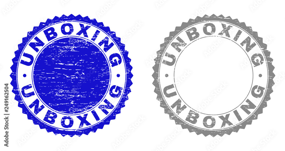 Grunge UNBOXING stamp seals isolated on a white background. Rosette seals with grunge texture in blue and grey colors. Vector rubber stamp imprint of UNBOXING caption inside round rosette.