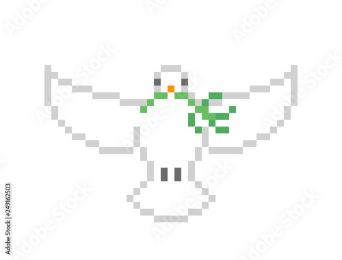Release dove flying with spread wings carrying olive branch in its beak, 8 bit pixel art character isolated on white background. Religious symbol of love, peace, purity and freedom. White pigeon logo.
