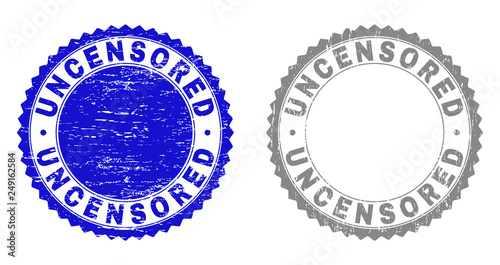 Grunge UNCENSORED stamp seals isolated on a white background. Rosette seals with grunge texture in blue and grey colors. Vector rubber stamp imprint of UNCENSORED caption inside round rosette.