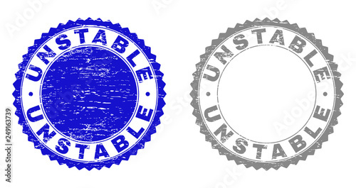 Grunge UNSTABLE stamp seals isolated on a white background. Rosette seals with grunge texture in blue and gray colors. Vector rubber stamp imitation of UNSTABLE caption inside round rosette.