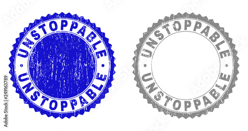 Grunge UNSTOPPABLE stamp seals isolated on a white background. Rosette seals with grunge texture in blue and gray colors. Vector rubber watermark of UNSTOPPABLE text inside round rosette. photo