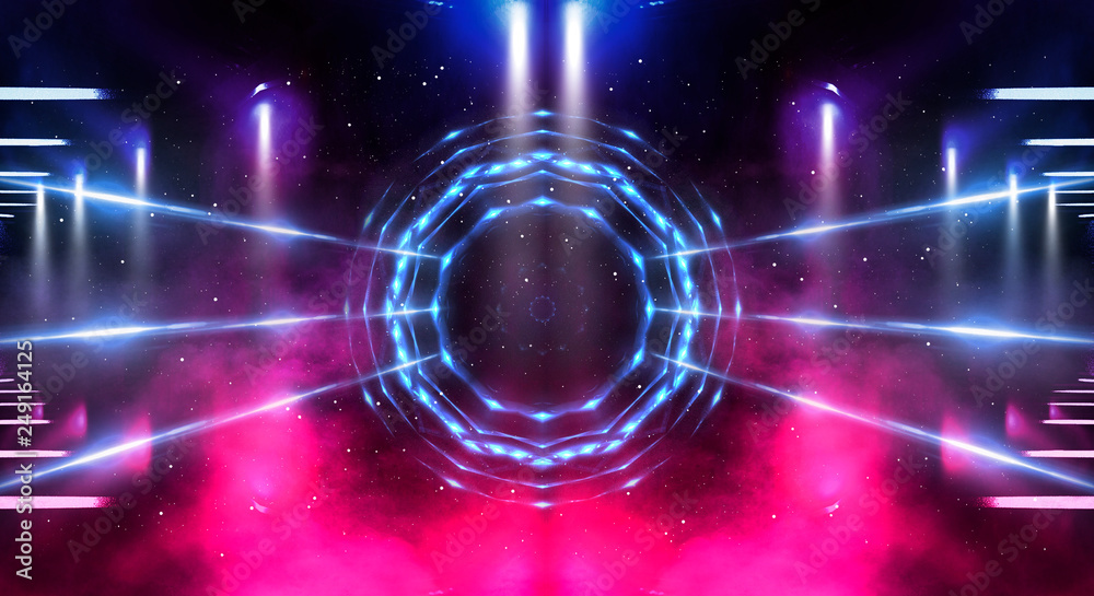 Background wall with neon lines and rays. Background dark corridor with neon light. Abstract background with lines and glow. Wet asphalt, neon smoke. Background wall with neon lines and rays. Background dark corridor with neon light. Abstract background with lines and glow. Wet asphalt, neon smoke.