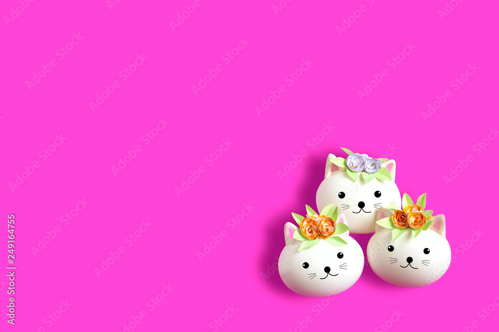 Three handmade cute cat made of egg. Easter concept