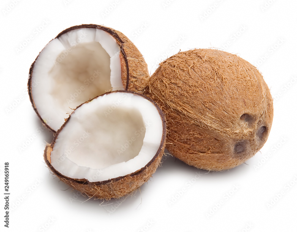 Coconut with halves isolated on white background Coconut with halves isolated on white background