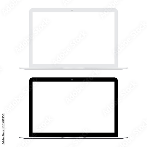 White and black laptop with white screen mock up. Vector.
