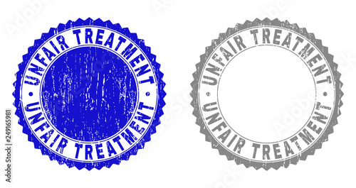 Grunge UNFAIR TREATMENT stamp seals isolated on a white background. Rosette seals with grunge texture in blue and grey colors.