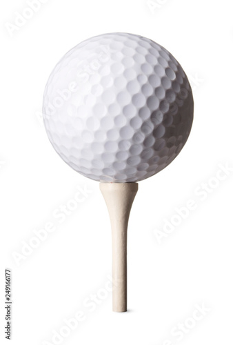 White golf ball on tee on white background