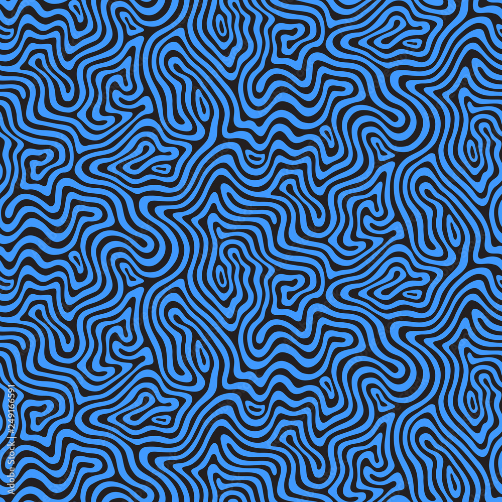 Abstract seamless vector pattern. Blue wavy stripes on a black background.