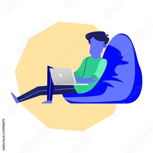 Freelancer with Laptop Sit in Blue Beanbag Chair