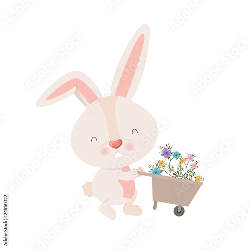 bunny with wheelbarrow and flowers isolated icon