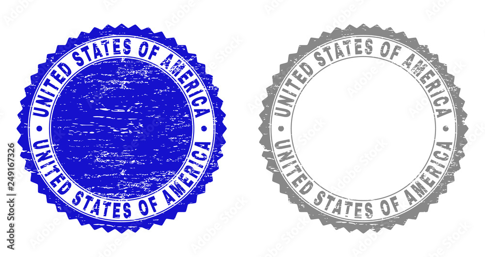 Grunge UNITED STATES OF AMERICA stamp seals isolated on a white background. Rosette seals with grunge texture in blue and grey colors. Grunge UNITED STATES OF AMERICA stamp seals isolated on a white background. Rosette seals with grunge texture in blue and grey colors.