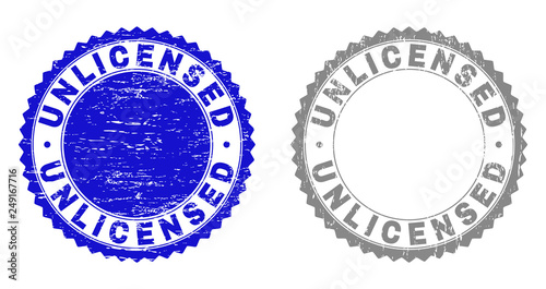 Grunge UNLICENSED stamp seals isolated on a white background. Rosette seals with grunge texture in blue and gray colors. Vector rubber stamp imprint of UNLICENSED text inside round rosette.