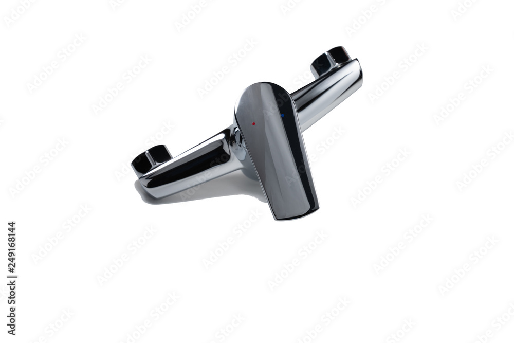 Mixer cold hot water. Modern faucet bathroom. Isolated white background. Chrome-plated metal. Mixer cold hot water. Modern faucet bathroom. Isolated white background. Chrome-plated metal.