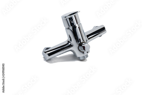 Mixer cold hot water. Modern faucet bathroom. Isolated white background. Chrome-plated metal.
