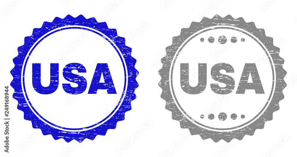 Grunge USA stamp seals isolated on a white background. Rosette seals with grunge texture in blue and gray colors. Vector rubber stamp imprint of USA title inside round rosette.
